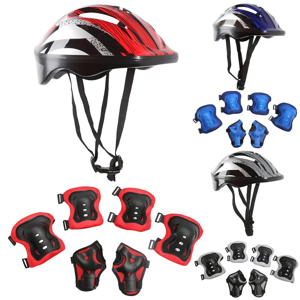 Cycling Gear Of The Year - ชุดอุปกรณ์ป้องกันสำหรับกีฬาจักรยาน 7 ชิ้น ชุดหมวกนิรภัยสำหรับเด็กแบบปรับได้ ขนาด 48-55