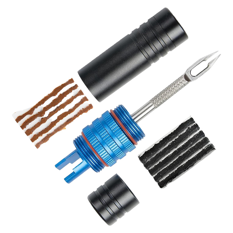Bike Tube Repair Kit - ชุดซ่อมยางจักรยานแบบไม่มียางใน - ชุดเครื่องมือซ่อมรอยรั่วจักรยานแบบพกพา - เครื่องมืออเนกประสงค์ขนาดกะทัดรัดพร้อมรีมเมอร์และปลั๊กเกอร์สแตนเลส