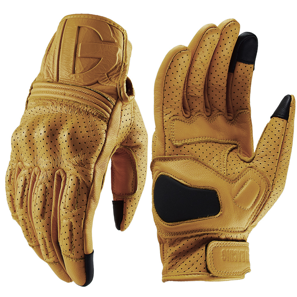 Yellow Cycling Gear - ถุงมือหนังสำหรับขี่มอเตอร์ไซค์วินเทจ สีเหลือง แบบเต็มนิ้ว อุปกรณ์ป้องกันสำหรับขี่มอเตอร์ไซค์ รองรับหน้าจอสัมผัส สำหรับมอเตอร์ครอส
