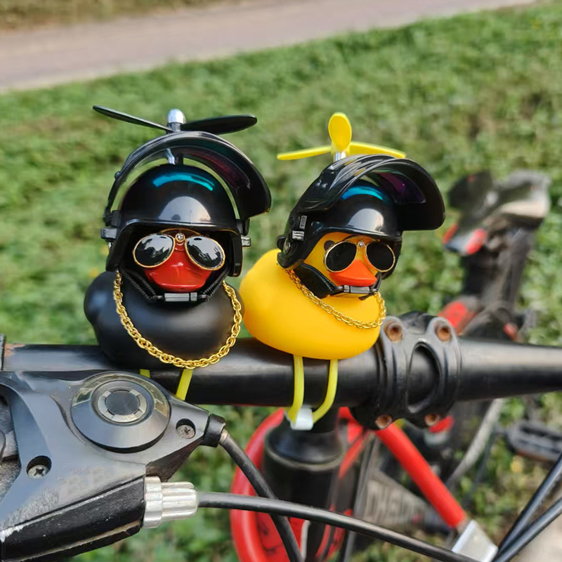 Yellow Cycling Gear - เป็ดยางน่ารักจักรยานHandlebarจักรยานตกแต่งใบพัดแว่นตาโซ่ทองสีดําสีเหลืองเป็ดจักรยานHornsพร้อมสายคล้อง