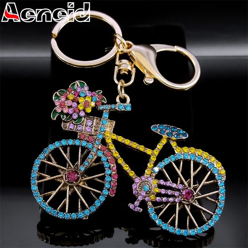 Yellow Cycling Gear - คริสตัลสีสันจักรยานดอกไม้จักรยาน Key CHAIN ผู้หญิง Rhinestone GOLD
