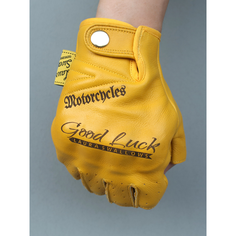 Yellow Cycling Gear - ถุงมือขี่มอเตอร์ไซค์หนังวัวสีเหลืองฤดูร้อน แบบครึ่งนิ้ว เปิดนิ้ว สำหรับขี่กลางแจ้ง สไตล์เรโทร ของแท้